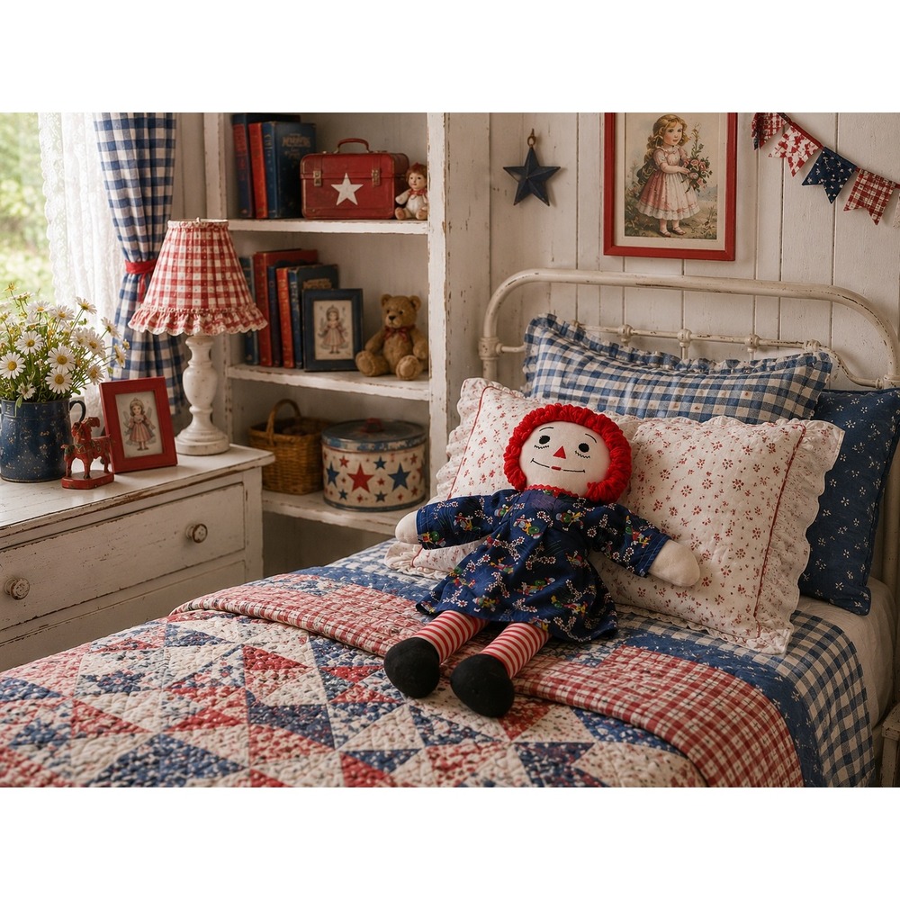Vintage Raggedy Ann Style Cloth Doll Red Yarn Hair Navy Floral Dress 15 Inch